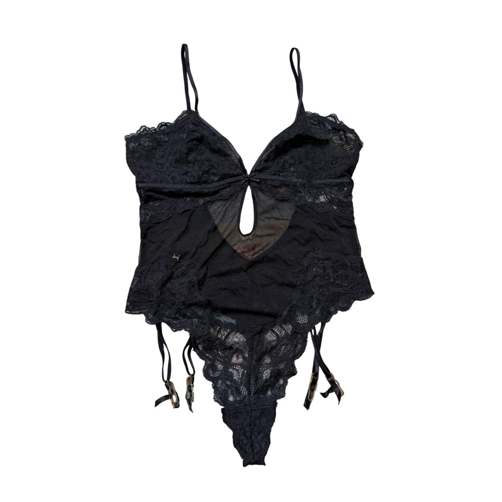 Victoria's Secret Very Sexy Black Lace Garter Bodysuit Thong Size Small